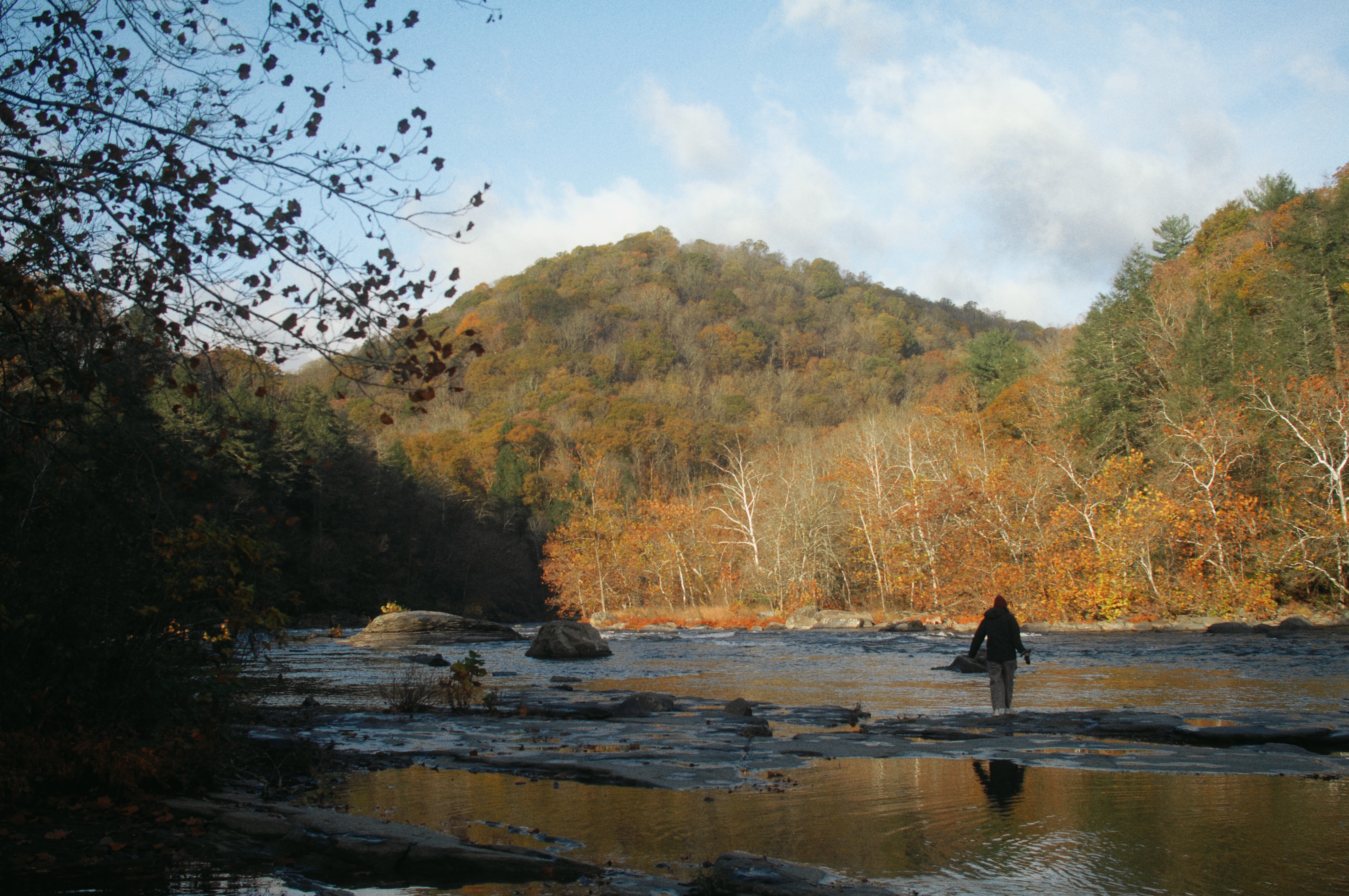 A river gorge lined with trees in shades of yellow, green, and orange. In the foreground a person stands far away with a camera in their hand.